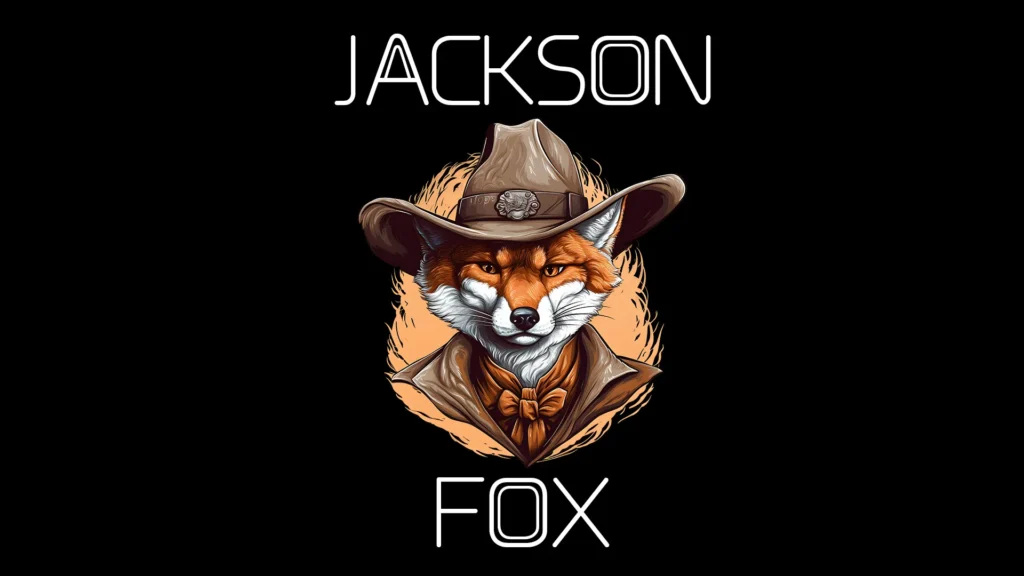 Logo featuring a cartoon fox in a cowboy hat and brown suit on a black background.
